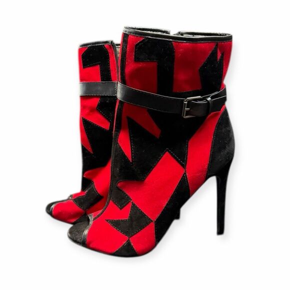 BLEONA Women’s Red Black Peep Toe Geometric Vegan Suede Heeled Ankle Boots Size - Picture 3 of 8